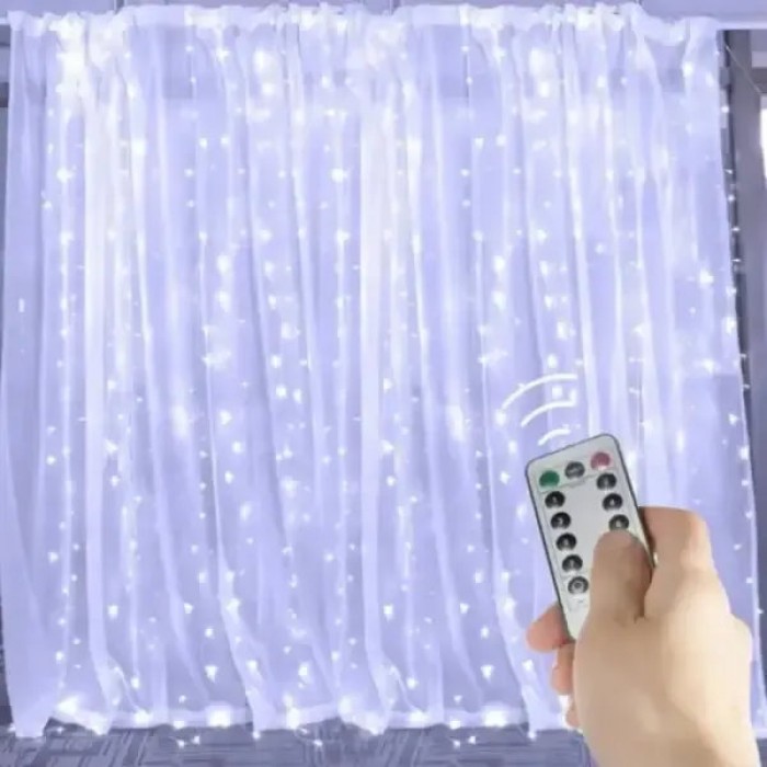 Гирлянда штора с крючками и пультом 300LED 3*3м USB 4544 AND 80-30 Прозрачный провод, белый свет