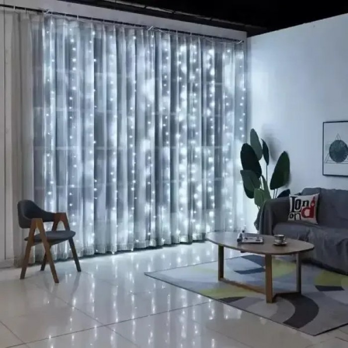 Гирлянда штора с крючками и пультом 300LED 3*3м USB 4544 AND 80-30 Прозрачный провод, белый свет