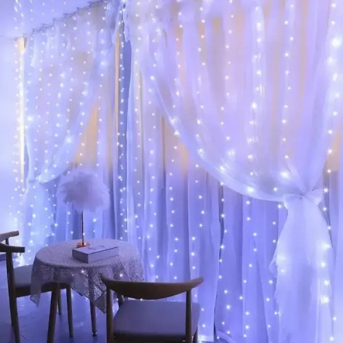 Гирлянда штора с крючками и пультом 300LED 3*3м USB 4544 AND 80-30 Прозрачный провод, белый свет