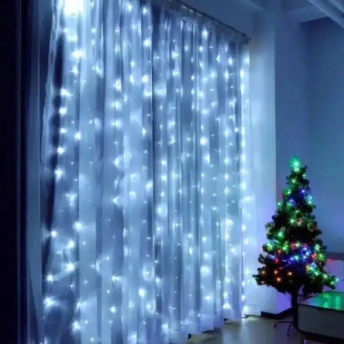 Гирлянда штора с крючками и пультом 300LED 3*3м USB 4544 AND 80-30 Прозрачный провод, белый свет