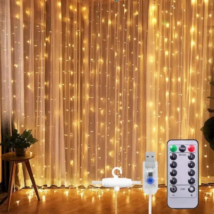 Гирлянда штора 3x3м 300LED USB с пультом Теплый свет