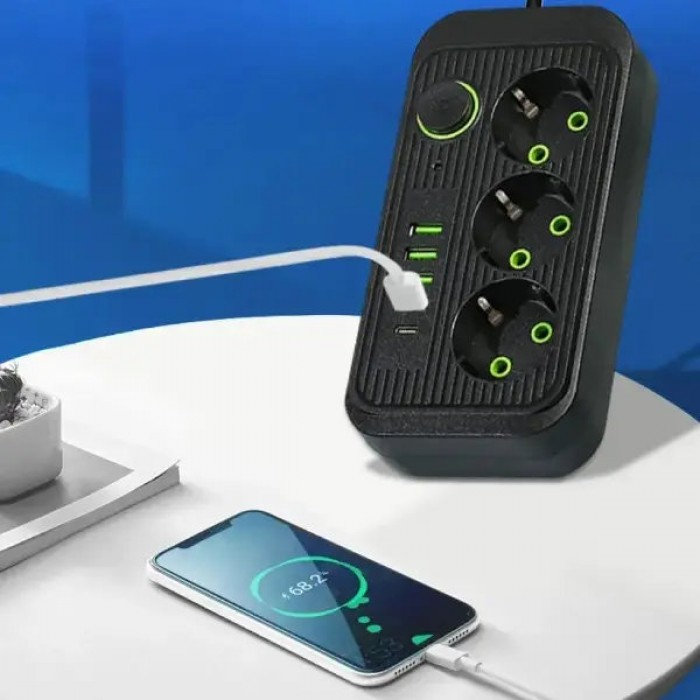 Мережевий фільтр подовжувач 3*220V +4 USB + Type-C 2м Power-Socket F09U Чорний