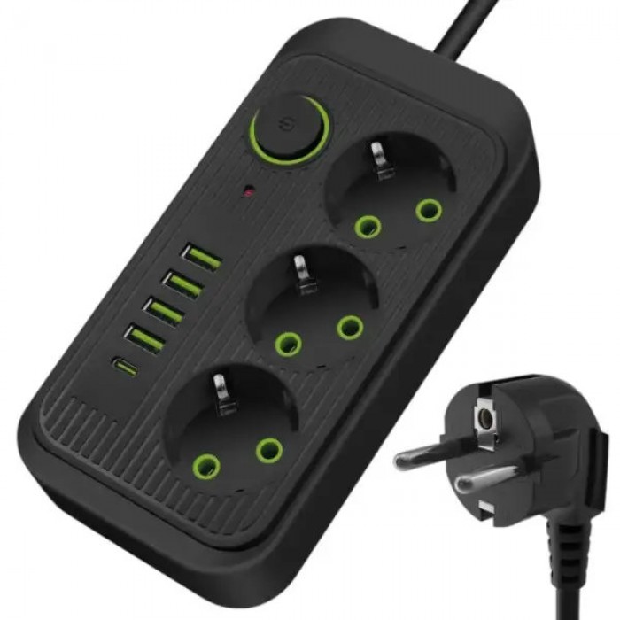 Мережевий фільтр подовжувач 3*220V +4 USB + Type-C 2м Power-Socket F09U Чорний