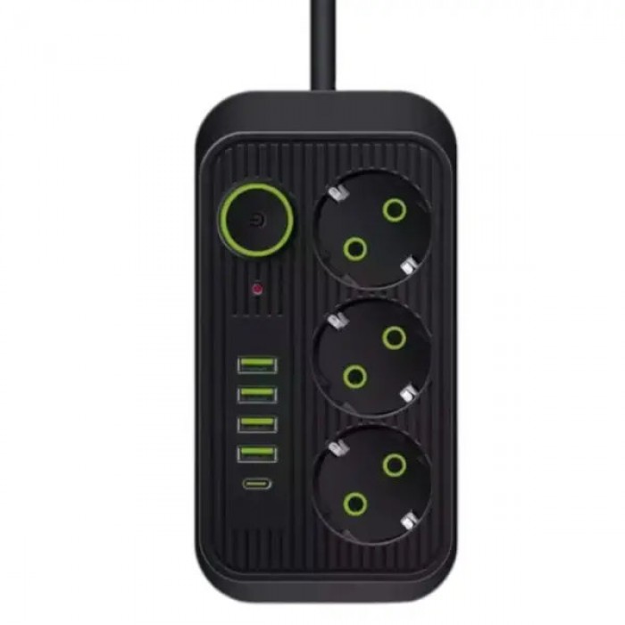 Мережевий фільтр подовжувач 3*220V +4 USB + Type-C 2м Power-Socket F09U Чорний
