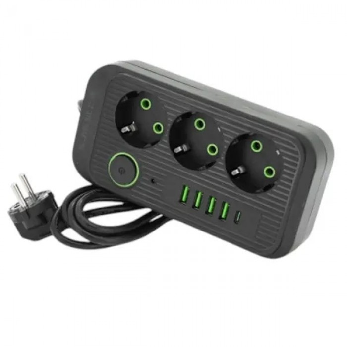 Мережевий фільтр подовжувач 3*220V +4 USB + Type-C 2м Power-Socket F09U Чорний