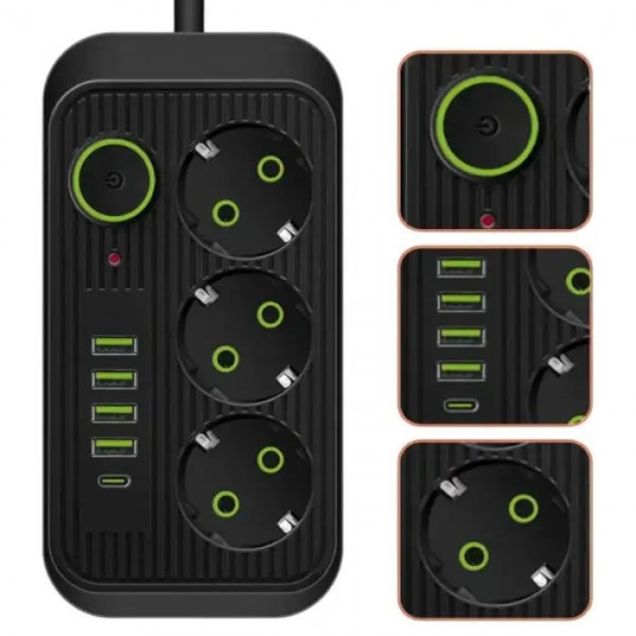 Мережевий фільтр подовжувач 3*220V +4 USB + Type-C 2м Power-Socket F09U Чорний