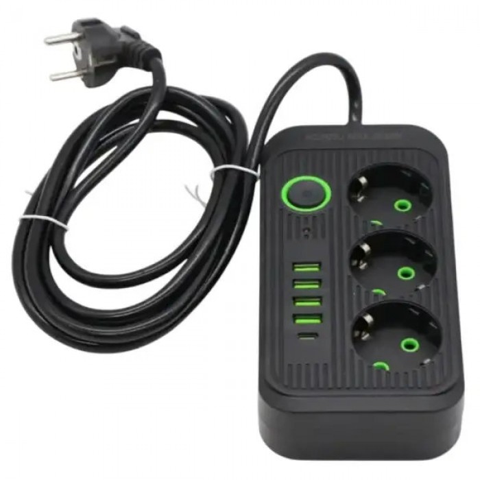 Мережевий фільтр подовжувач 3*220V +4 USB + Type-C 2м Power-Socket F09U Чорний