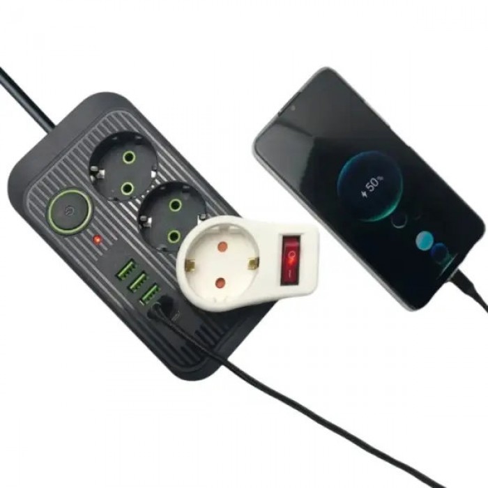 Мережевий фільтр подовжувач 3*220V +4 USB + Type-C 2м Power-Socket F09U Чорний