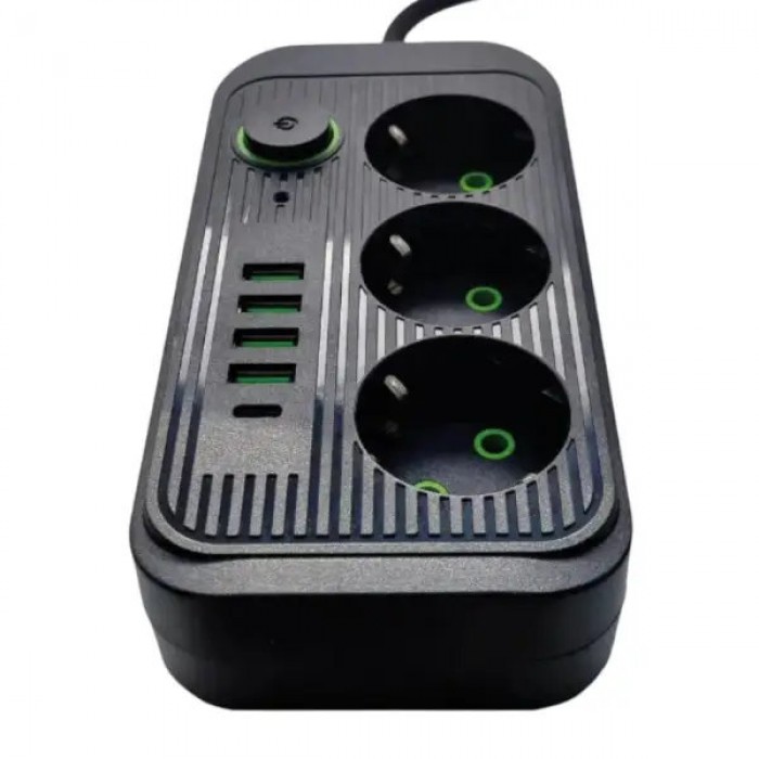 Мережевий фільтр подовжувач 3*220V +4 USB + Type-C 2м Power-Socket F09U Чорний