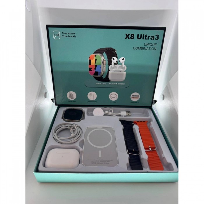 Комплект подарочный смарт-часы X8 Ultra3 + наушники + беспроводная зарядка+2 ремешка Серый