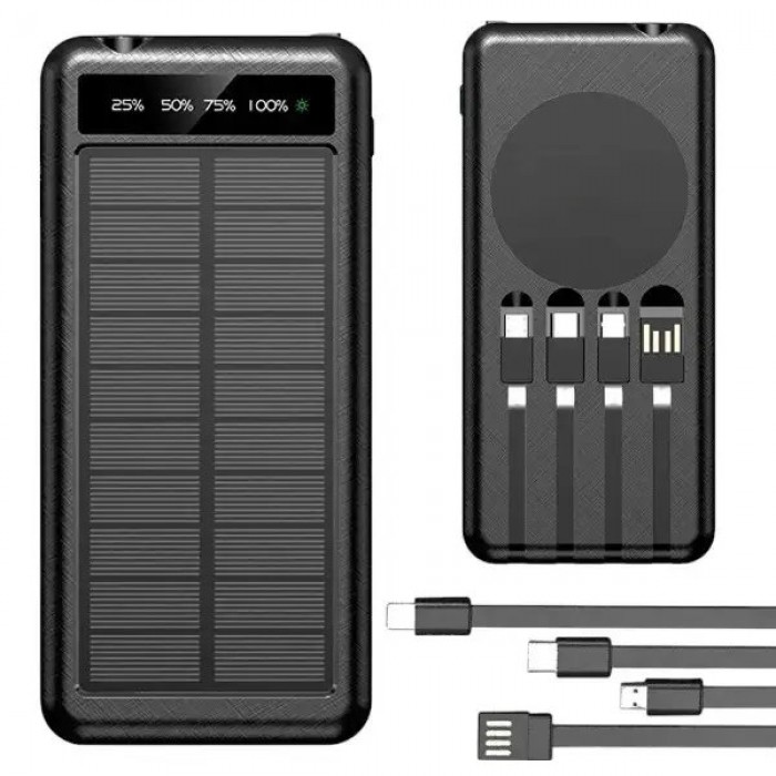 Power Bank с солнечной панелю и 4 встроенными шнурами Solar 50000 mAh Черный